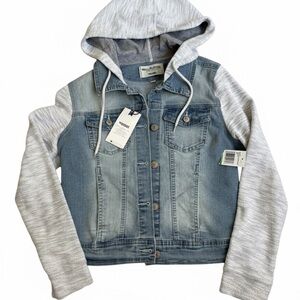 NWT WallFlower Women's Large Hooded Denim Jean Jacket Knit Sleeves Blue Travel